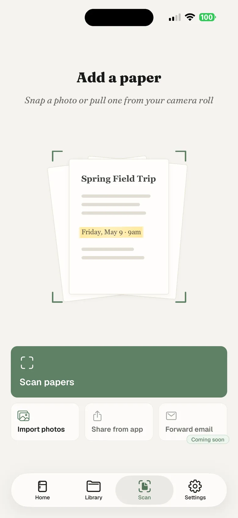 The Add a paper screen: a large Scan papers button with options to import photos, share from another app, or forward email