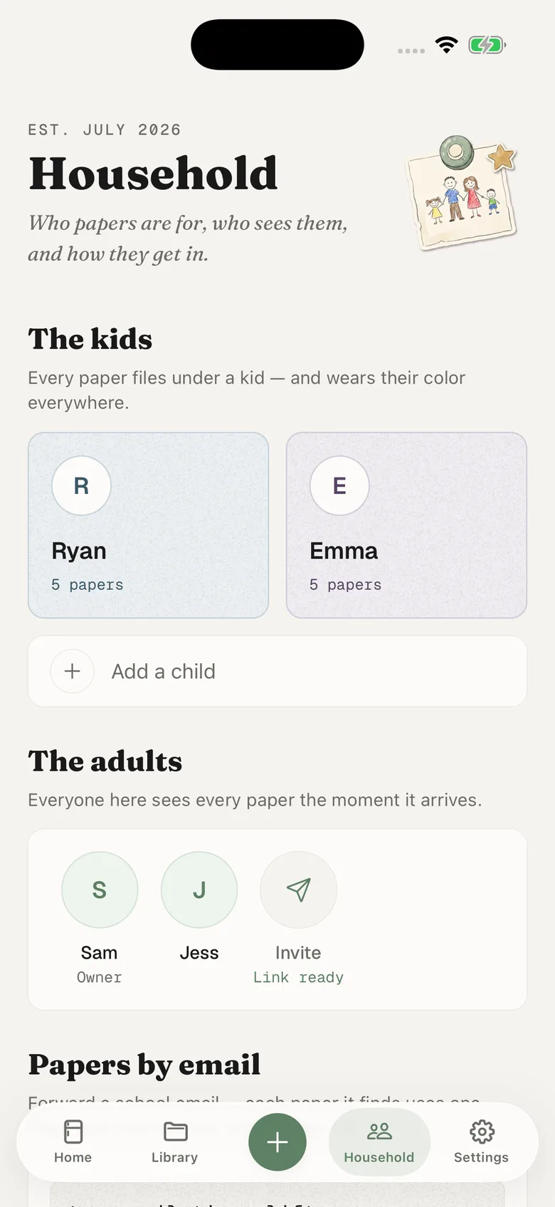 The Household tab: Ryan and Emma with their paper counts, the adults Sam and Jess with an invite link ready, and the top of the Papers by email section