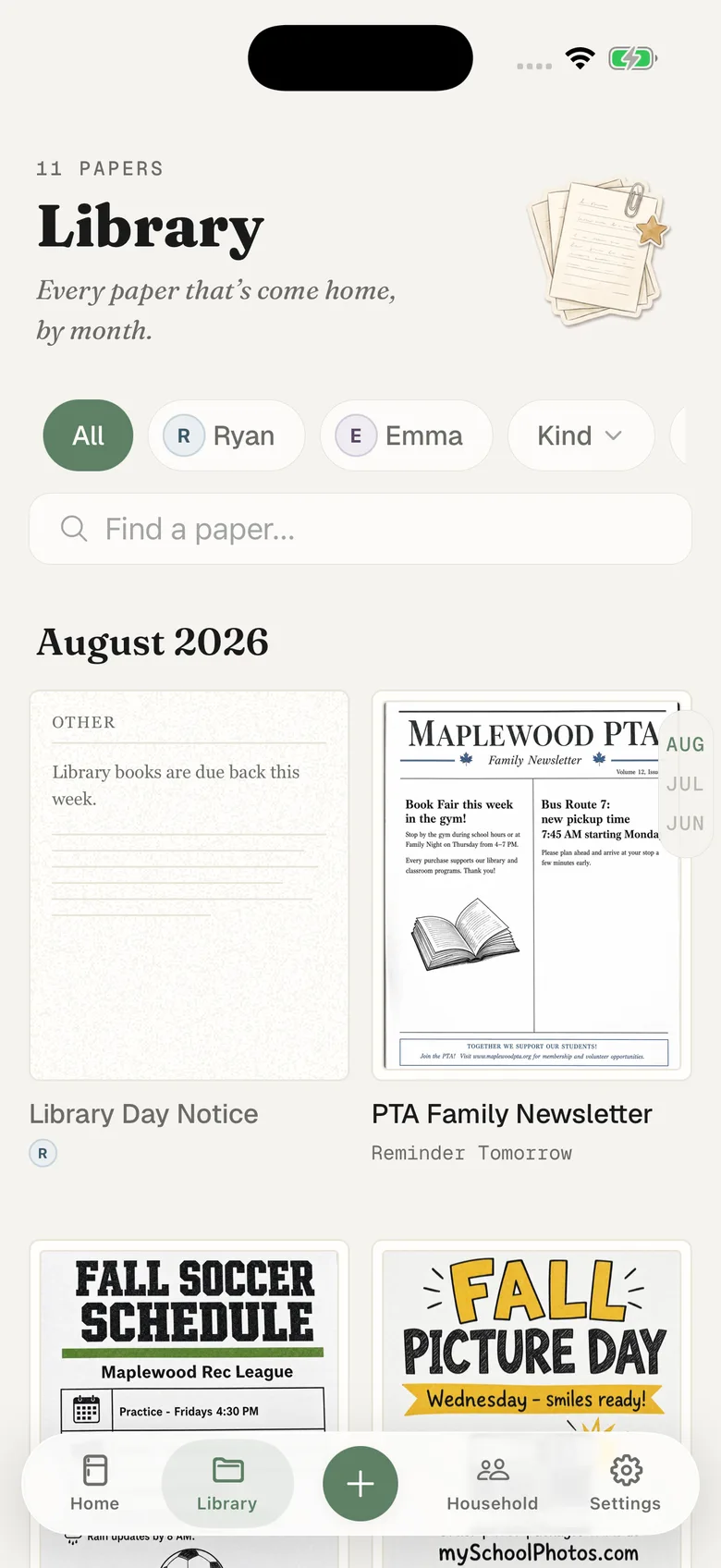 The Fridgeworthy library: scanned papers as photo cards grouped under an August 2026 header, with All, Ryan, and Emma filter chips and a search box that says Find a paper