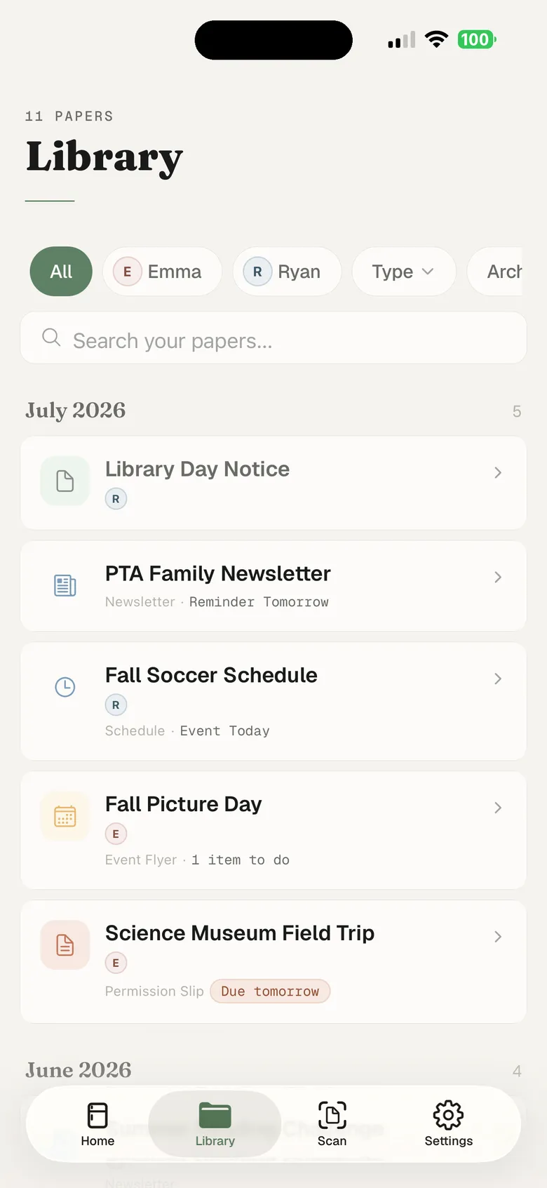 Fridgeworthy's library of scanned papers with filter chips for each child, so one kid's papers can be pulled up on their own